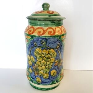 Hand Painted MEXICAN ART POTTERY Tall Glazed Clay Redware Canister Jar Signed